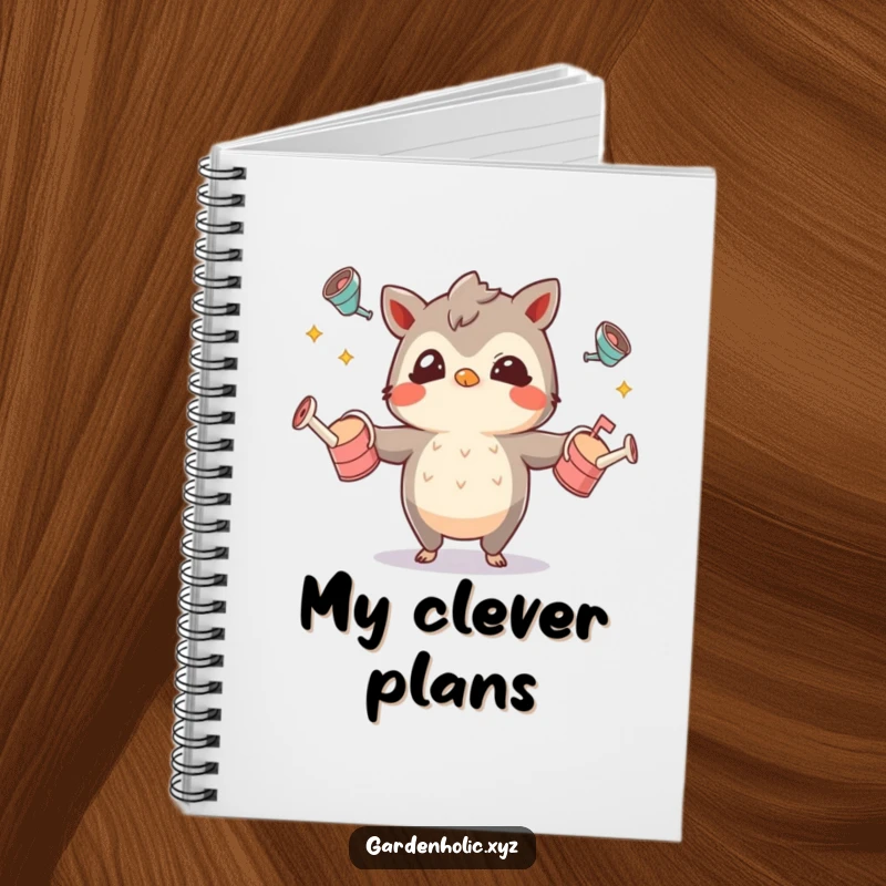 Funny notebook cover with a mischievous character juggling watering cans, ideal for jotting down ideas and plans.