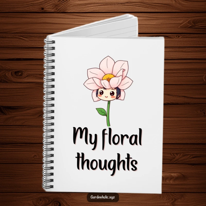 Funny notebook cover with a character beaming cheerfully while admiring a large, freshly bloomed flower.