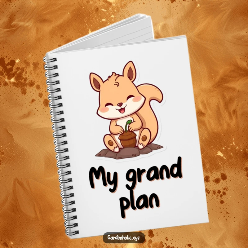 Funny squirrel notebook, a smiling character planting a small acorn, perfect for gardeners, writers, and anyone who loves cute animal designs.