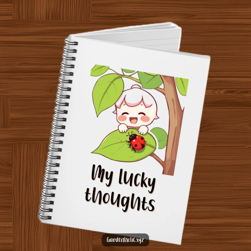Funny notebook featuring a joyful character with rosy cheeks catching a falling ladybug on a leaf.
