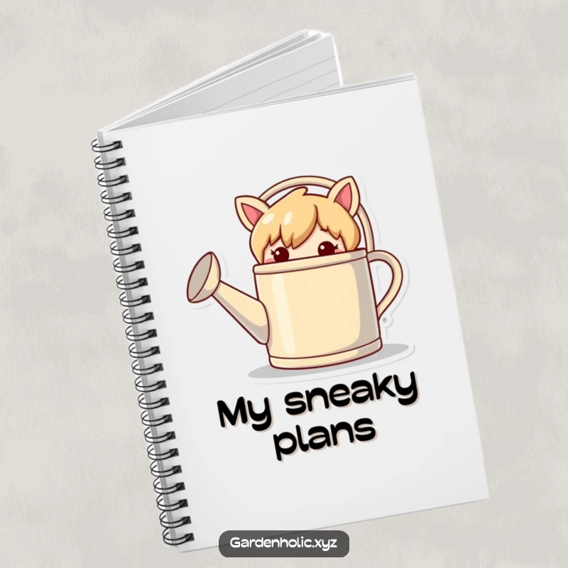 Funny notebook with a mischievous character hiding behind a giant watering can, perfect for notes.