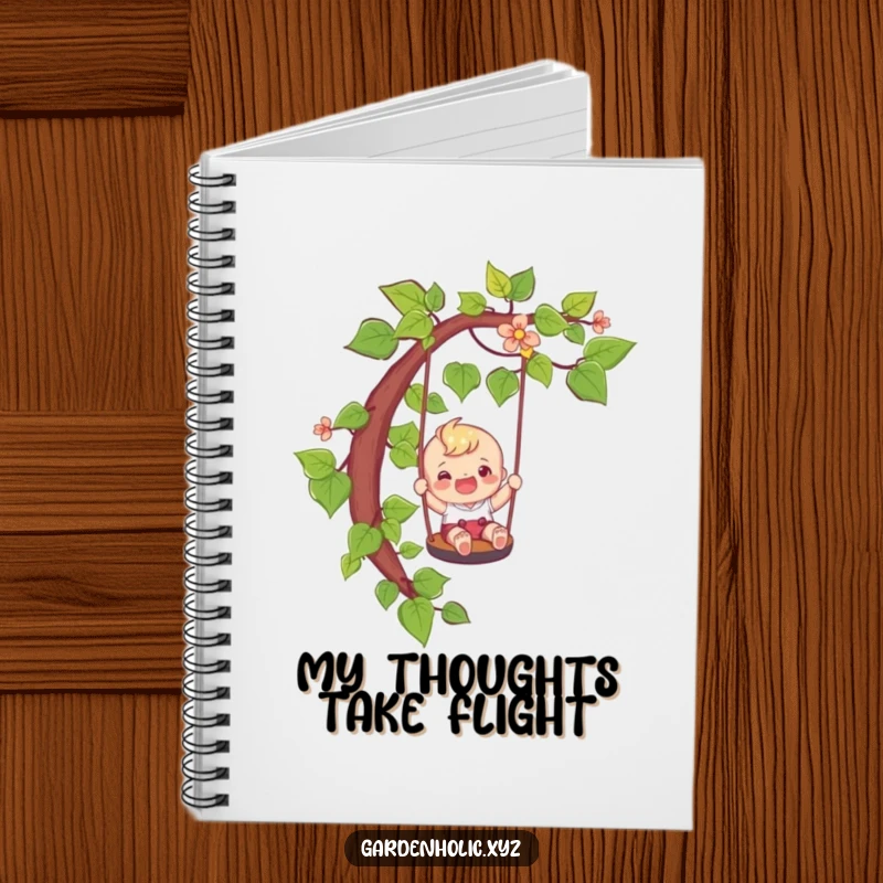 Funny adventure notebook with a happy character sliding down a vine like a playful swing, a perfect funny gift.