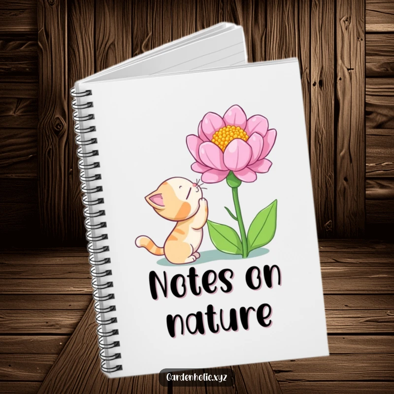 Funny cat notebook cover featuring a curious cat sniffing a giant blooming flower with wonder, ideal for journaling and creative notes.