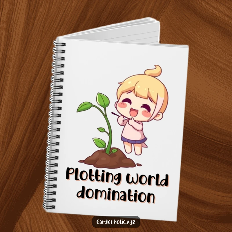 Funny Notebook: A character excitedly points at a growing sprout, symbolizing new ideas and potential.