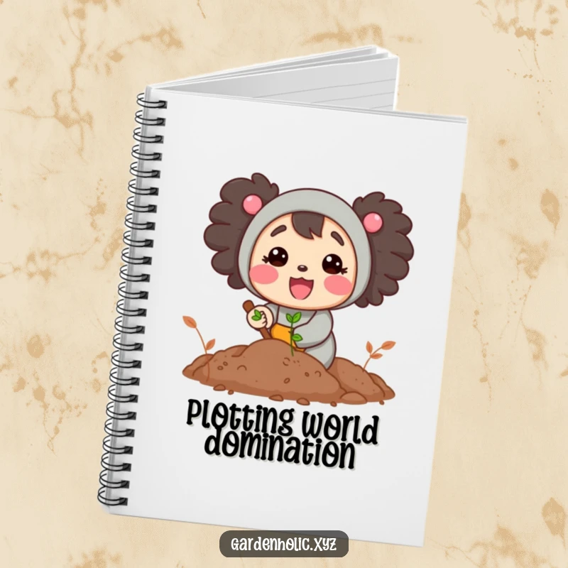 Funny notebook cover with a cheerful character digging enthusiastically in rich soil, ideal for writing down garden ideas and notes.