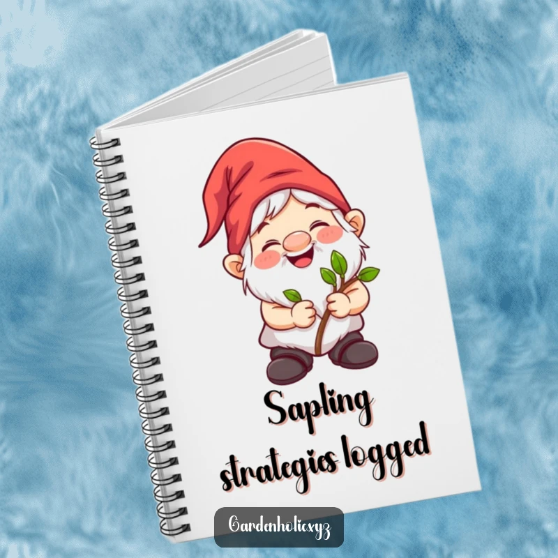 Funny gnome character holding a sapling, smiling on the cover of a notebook. Practical humorous gift.