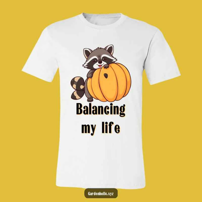 Funny Raccoon Pumpkin Balance T-Shirt - Hilarious Tee for Autumn Fun
