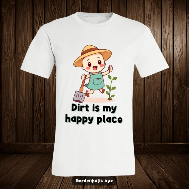 Funny t-shirt with a happy gardening hoe performing a cheerful hop, embodying garden enthusiasm and lighthearted fun.