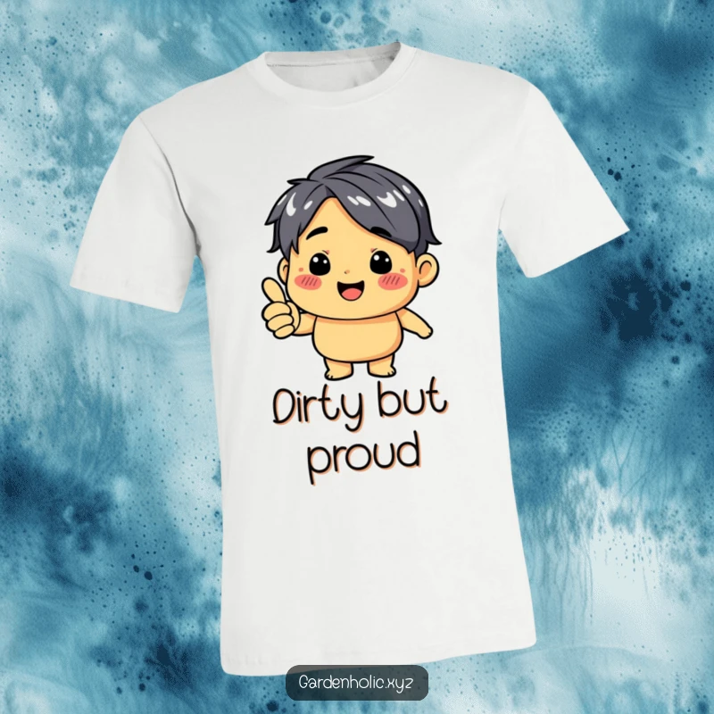 Funny t-shirt displaying a happy character with a dirt smudge on its cheek, giving a positive thumbs up gesture.