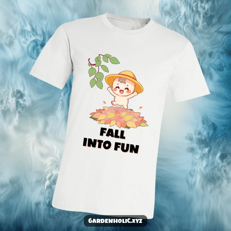 Funny t-shirt capturing a joyful character in a sun hat joyfully bouncing high on a thick mound of fallen autumn leaves.