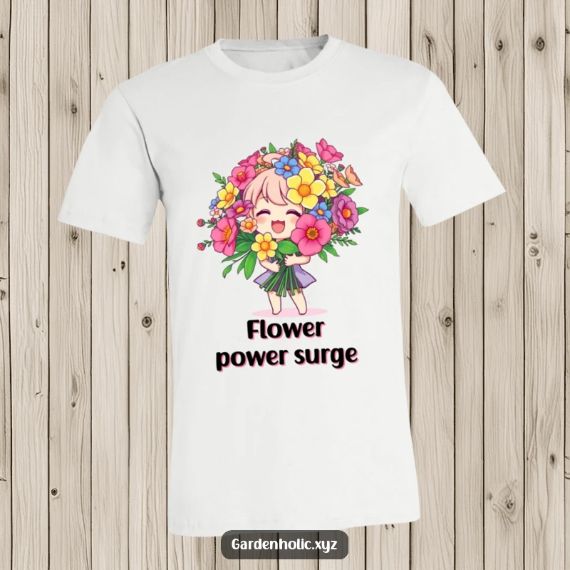 Funny t-shirt featuring a joyful character holding a huge, vibrant bouquet, symbolizing happiness and abundance, a cheerful and funny gift.