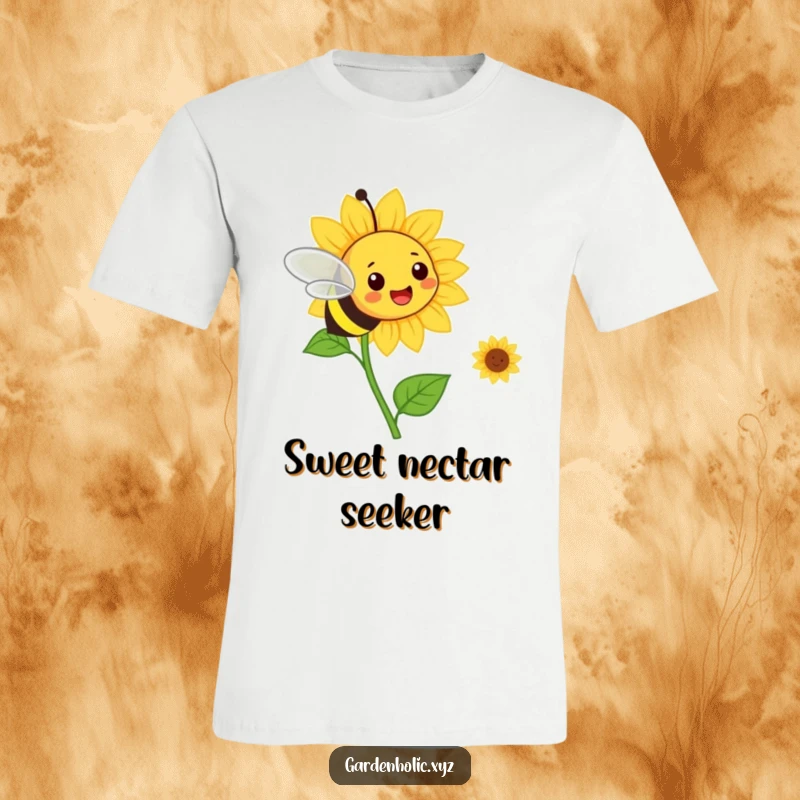 Funny bee joyfully approaches a smiling sunflower on a vibrant, comfortable t-shirt. Ideal present.