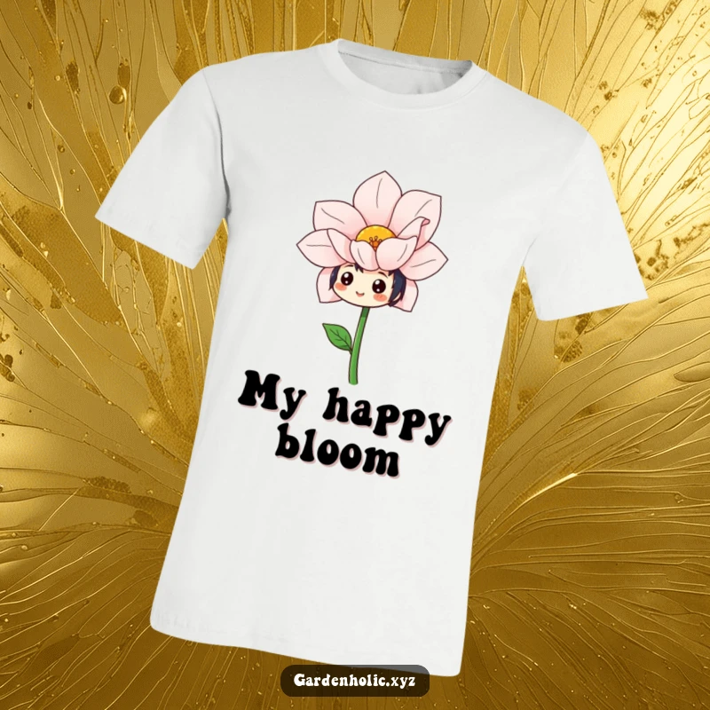 Funny t-shirt with a character beaming with a cheerful expression, admiring an enormous, newly bloomed flower.