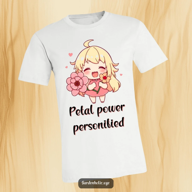 Funny t-shirt with a cute character radiating happiness, holding a large, colorful blooming flower, celebrating life's simple beautiful moments.