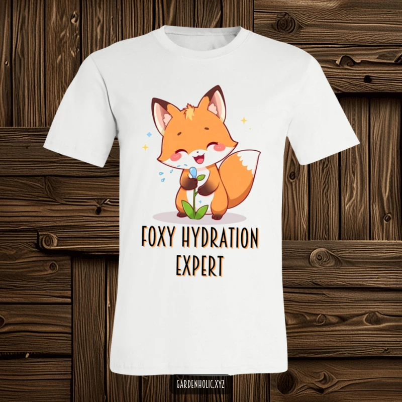 Funny fox t-shirt depicting a joyful fox showering a small plant with sparkling water, ideal for a fun nature gift.