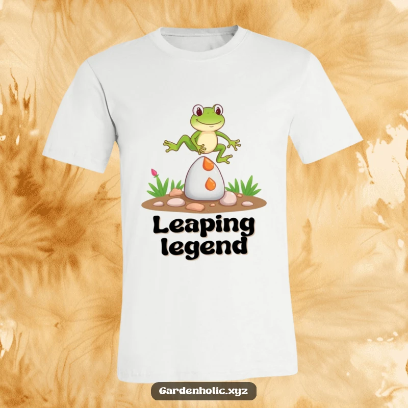 Funny T-Shirt: A dynamic frog character comically jumping high over a surprised garden gnome, capturing a moment of playful escape.