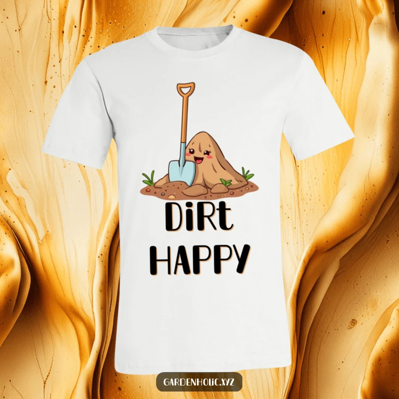 Funny T-Shirt: A happy cartoon trowel is pictured digging into a smiling dirt mound, expressing gardening enthusiasm.