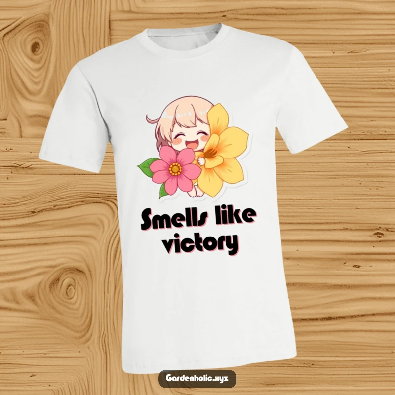 Funny t-shirt featuring a character giggling uncontrollably while clutching a big, bright flower, embodying pure delight.