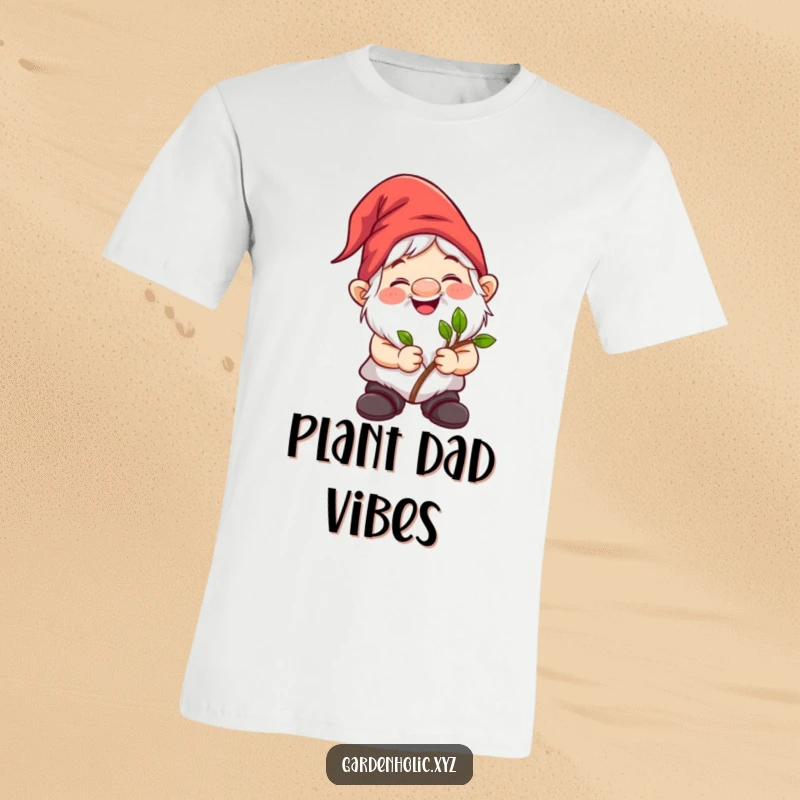 Funny gnome character cheerfully holding a small sapling, celebrating gardening on a comfortable t-shirt. Great gift.