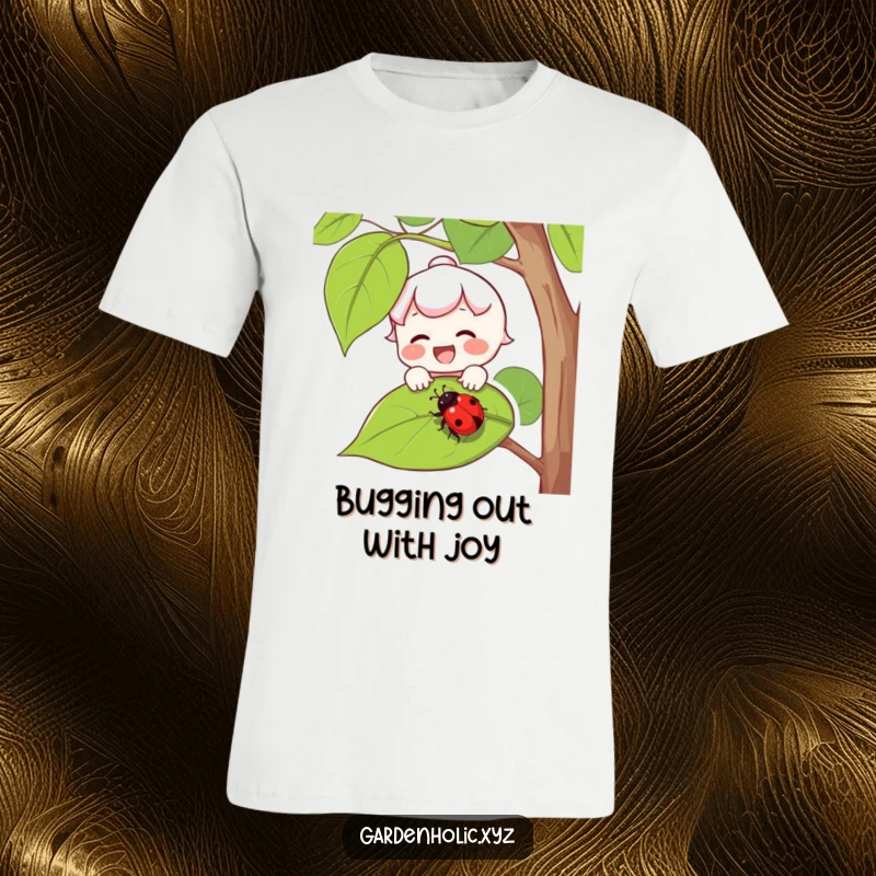 Funny t-shirt with a joyful, rosy-cheeked character carefully catching a falling ladybug on a green leaf.
