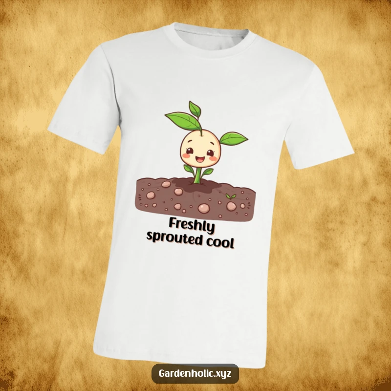 Funny sprout character emerging cheerfully from the ground on a comfortable t-shirt. Ideal present.