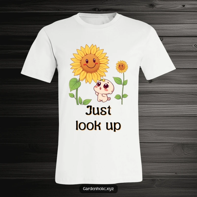 Funny t-shirt with a shocked character's wide eyes gazing at a massive, cheerful sunflower, a humorous nature appreciation design.