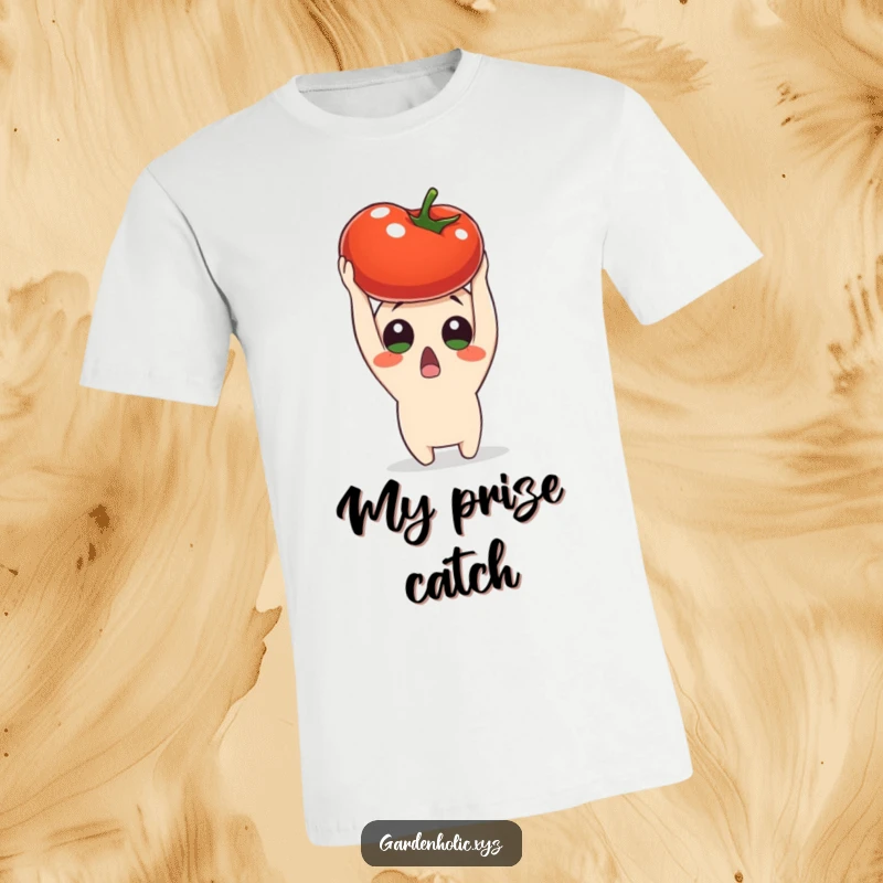 Funny surprised character holding a vibrant ripe tomato above their head, on this graphic tee, a humorous produce appreciation present.
