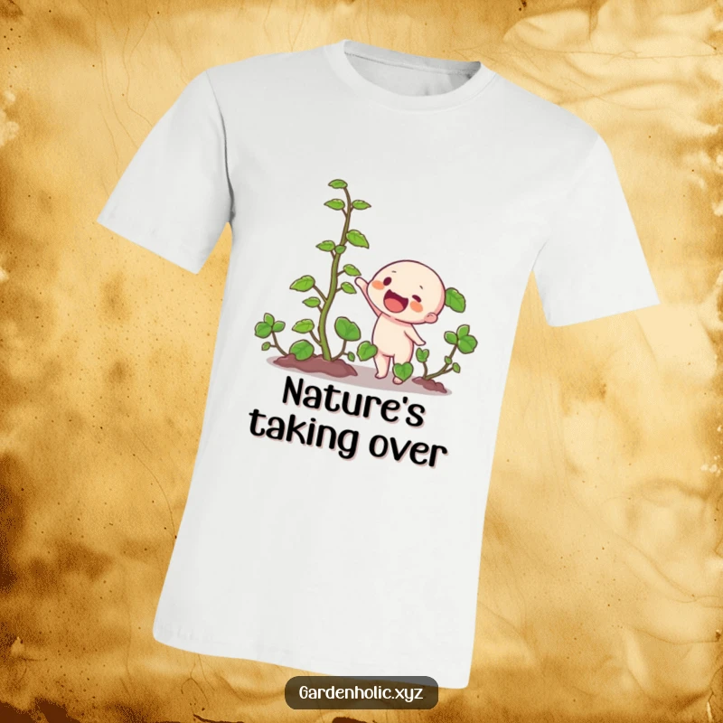 Funny t-shirt depicting a character ecstatically pointing at a dramatically fast-growing green vine, perfect for plant lovers.