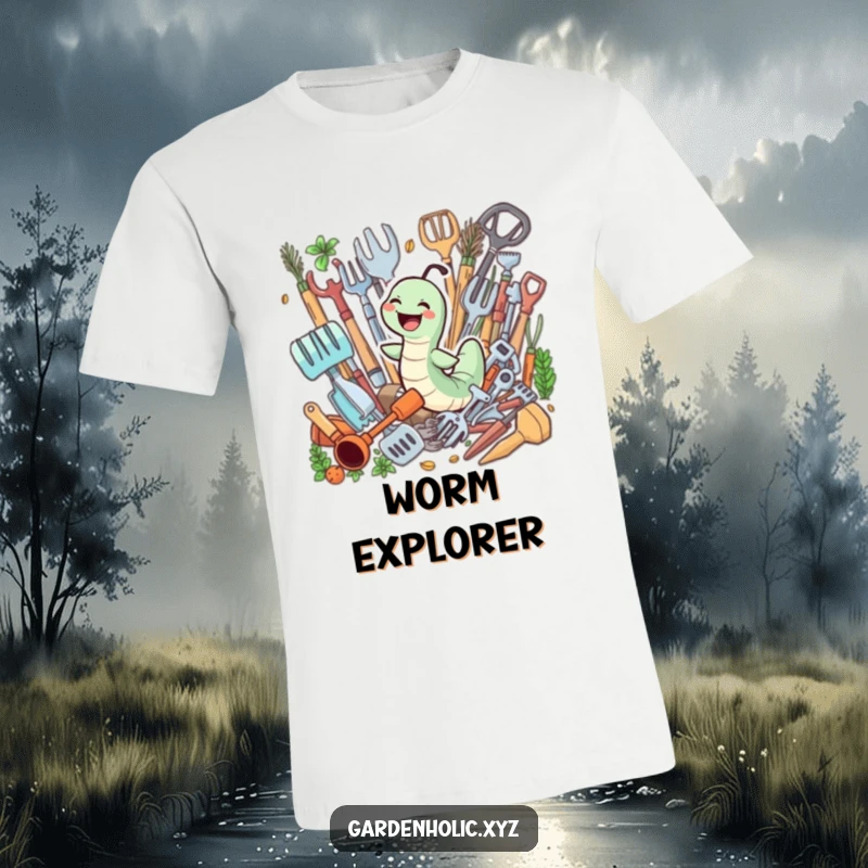Funny t-shirt depicting a giggling worm joyfully swimming through a pile of gardening tools, showcasing garden fun.