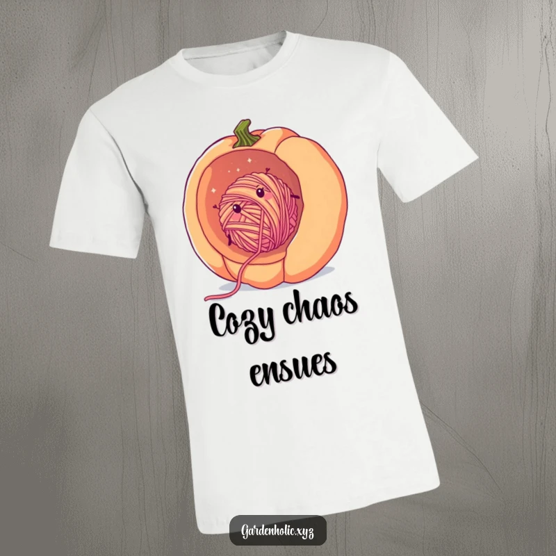 Funny yarn pumpkin t-shirt with a cheerful, fuzzy ball of yarn rolling downhill inside a giant pumpkin, celebrating cozy crafting.