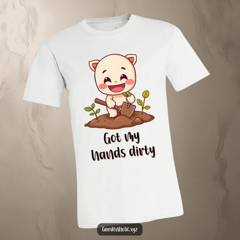 Funny t-shirt featuring a cheerful character with a wide grin planting a seed using a small shovel.