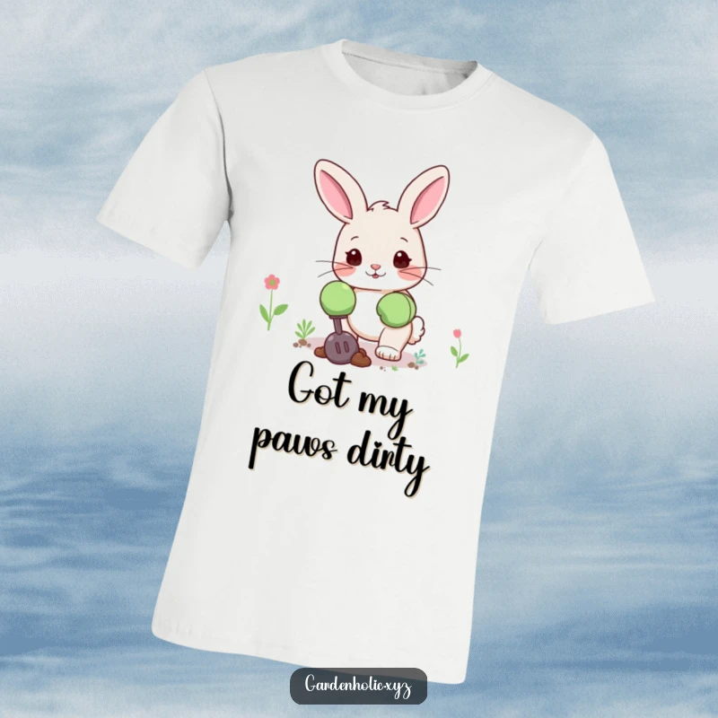 Funny bunny t-shirt depicting a cute bunny in oversized gardening gloves, digging happily, ideal for a fun garden gift.