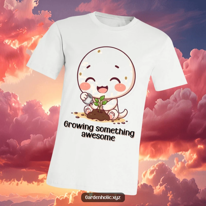 Funny t-shirt with a happy, dirt-smudged character lovingly watering a tiny sprout, symbolizing growth and care.