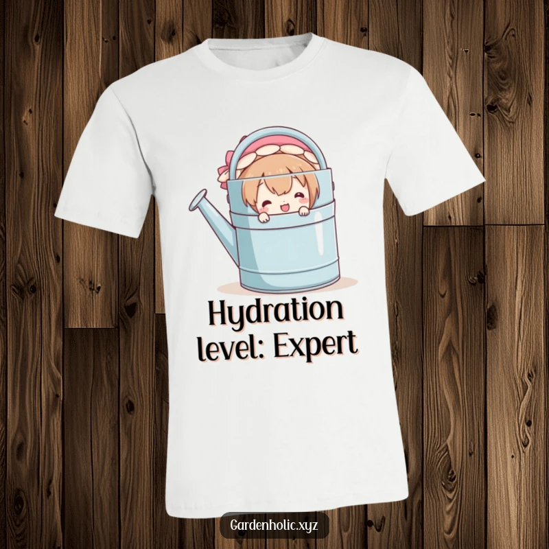 Funny t-shirt featuring a character grinning mischievously while peeking from behind a comically large watering can, ready to surprise.