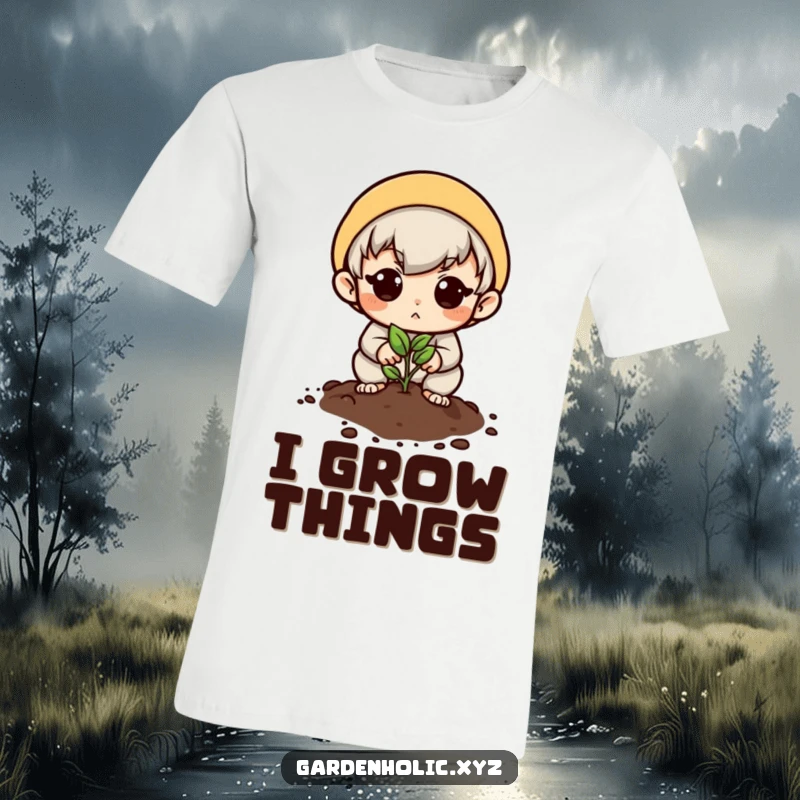 Funny t-shirt of a determined character planting a tiny seed with a hopeful look, ideal for garden lovers.