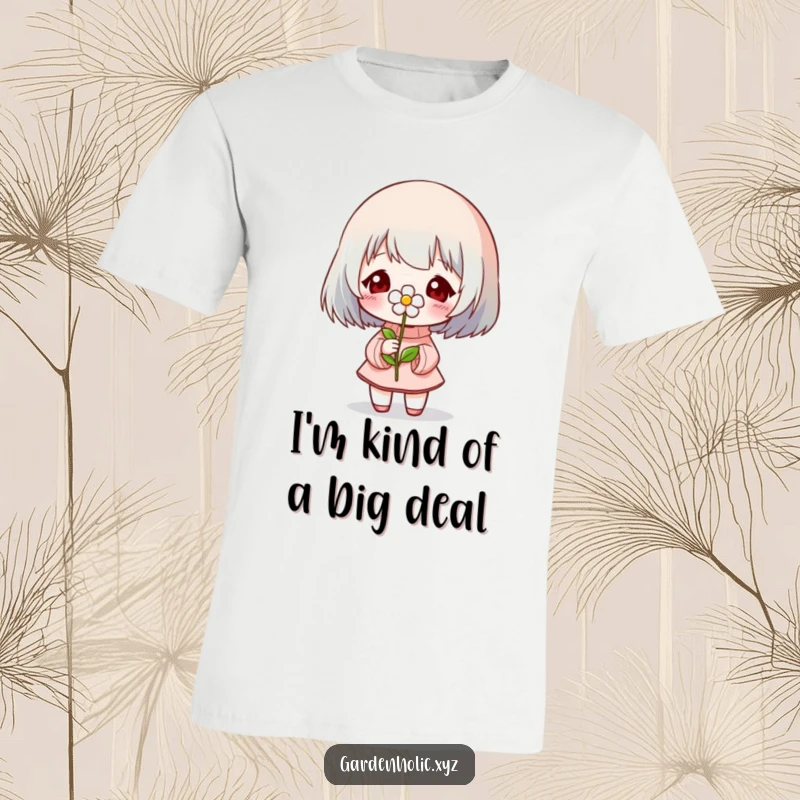 Funny T-Shirt: A cheerful character proudly presenting a delicate, blooming flower, symbolizing growth and happiness.