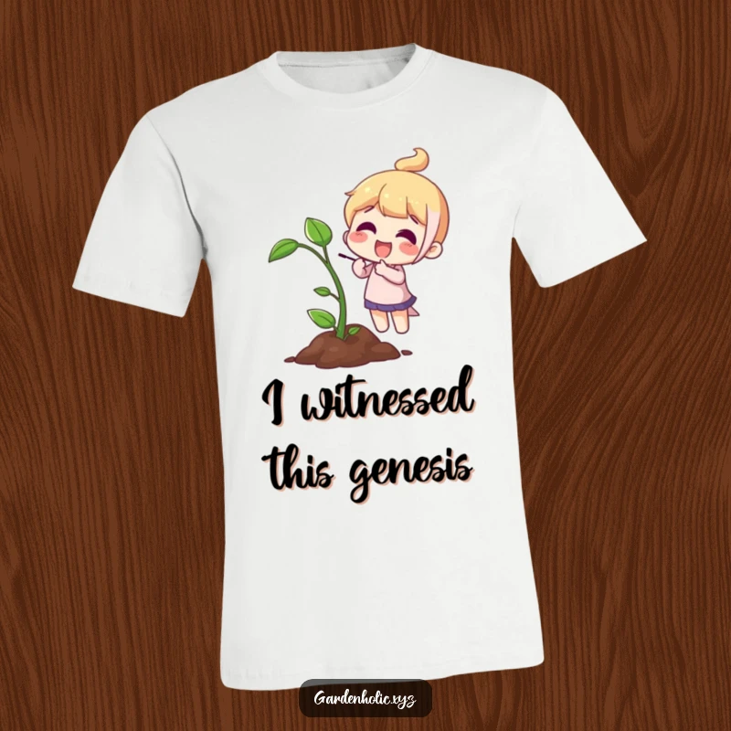 Funny T-Shirt: A character joyfully directs attention to a small, growing sprout, symbolizing hope and progress.