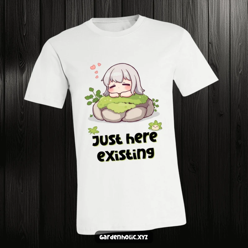 Funny t-shirt featuring a character in a contented sigh resting on a mossy stone, conveying tranquility and humor.