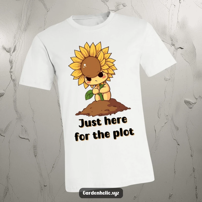 Funny T-shirt depicting a determined sunflower dramatically wilting into a pile of soil, a humorous take on failure.