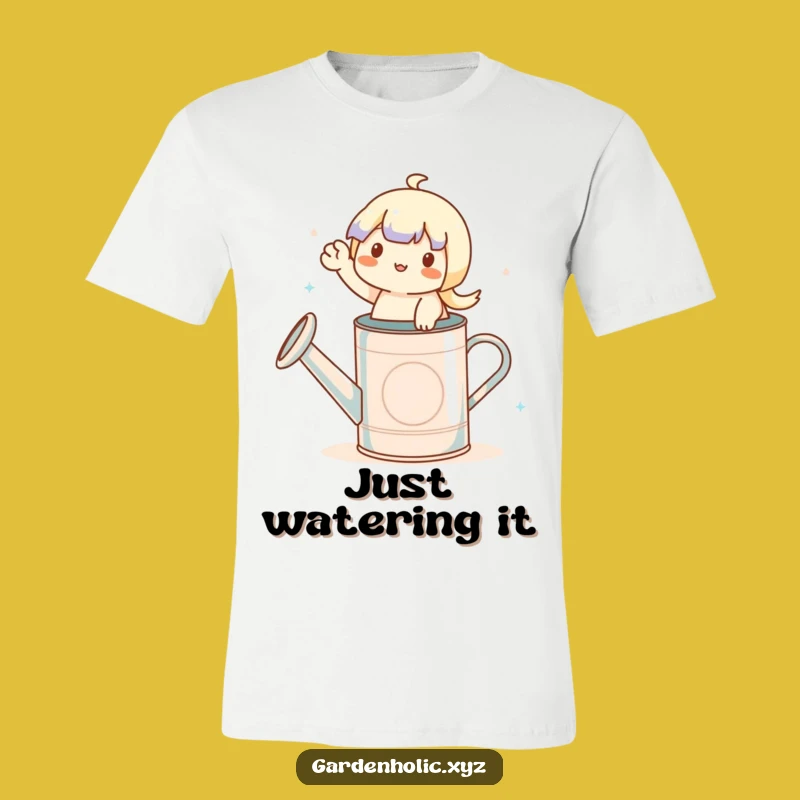 Funny Waving Gardener T-Shirt: Cute Character on Watering Can, Perfect Gift!