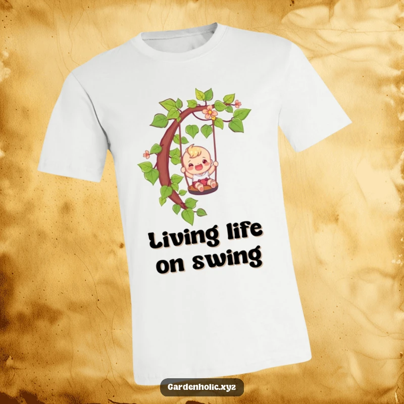 Funny adventure t-shirt showing a happy character sliding down a vine like a playful swing, an ideal funny gift.