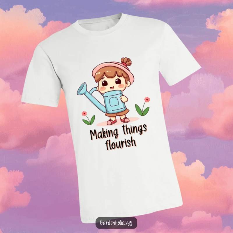 Funny T-Shirt featuring a smiling character with a huge grin, carrying a giant watering can, ready to nurture.