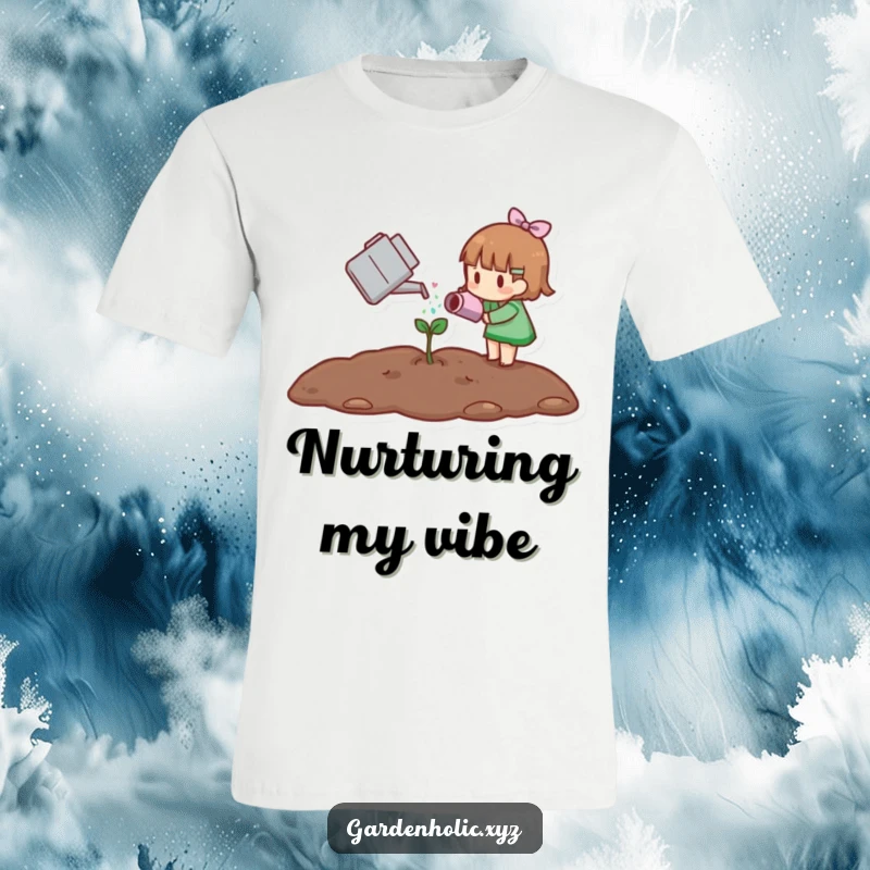 Funny t-shirt illustrating a small character tenderly watering a small sprout, embodying patience and the joy of gardening.