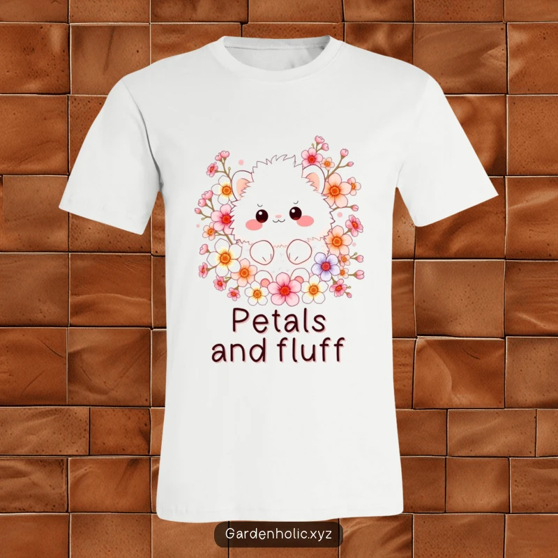 Funny t-shirt depicting a fluffy creature surrounded by an abundance of colorful blossoms, showcasing a delightful and cheerful scene.