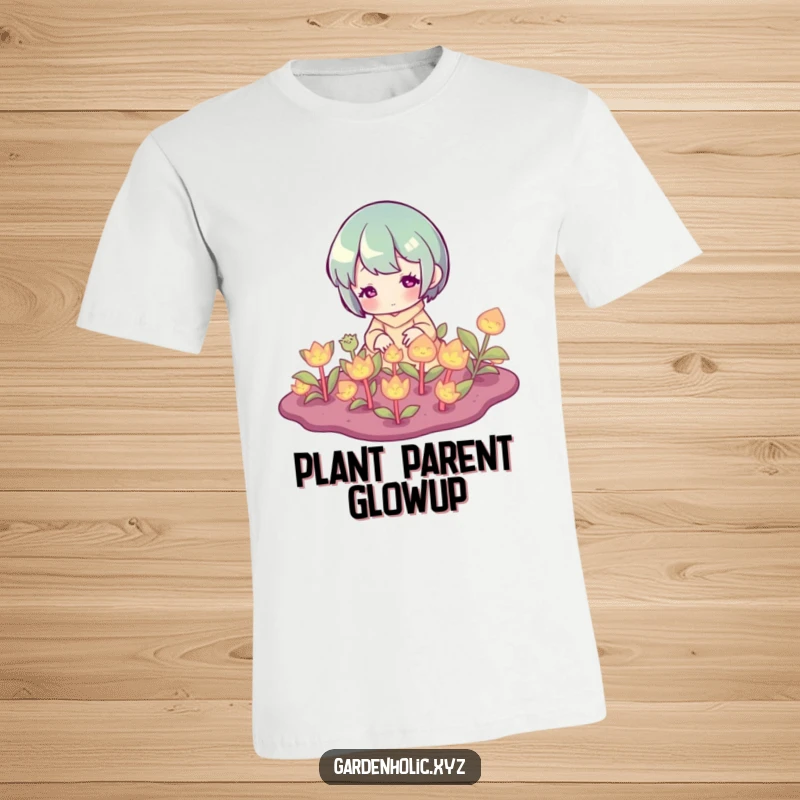 Funny T-Shirt: A character gently tending to a small patch of bright, glowing plants, radiating peaceful energy.