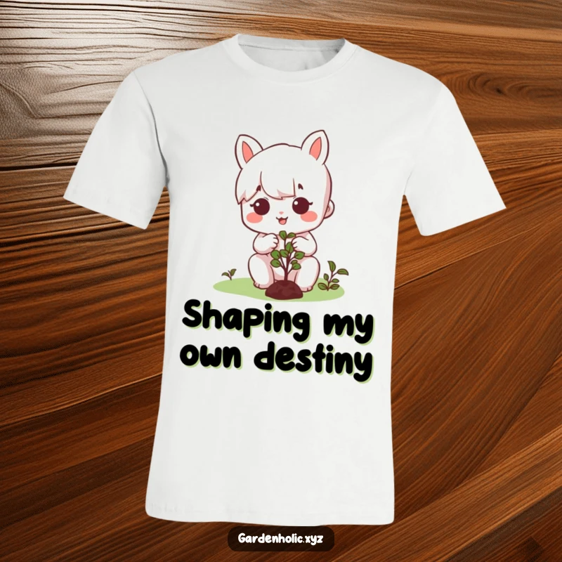 Funny t-shirt featuring a character with a joyful, concentrated look, carefully pruning a small, neat bush with gardening tools.