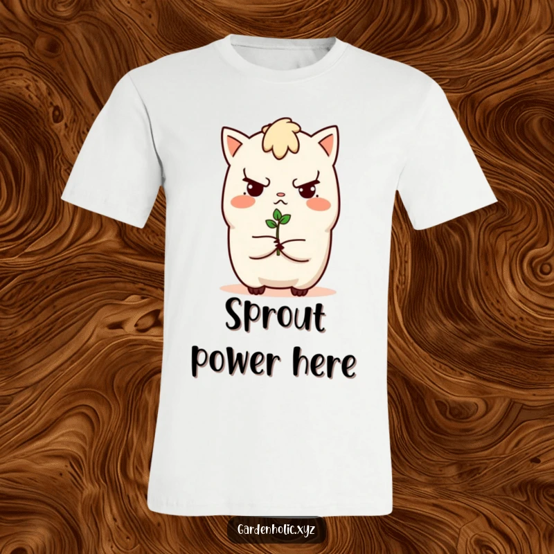 Funny t-shirt with a determined character offering a tiny sprout, representing growth and a positive outlook, great for aspiring gardeners and a funny gift.