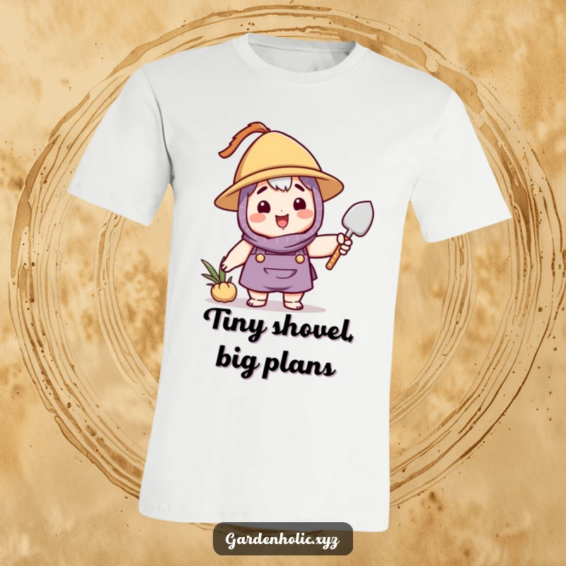 Funny gardener t-shirt showcasing a happy character wearing a hat and gleefully waving a small trowel, perfect for garden enthusiasts.