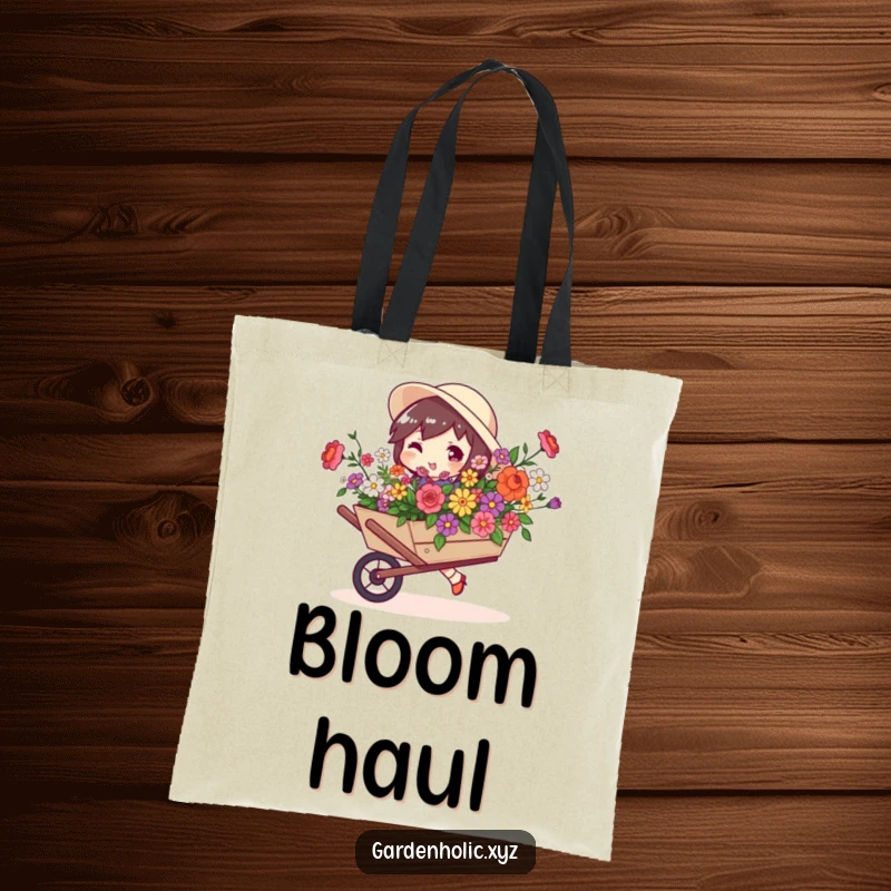 Funny tote bag featuring a character with a playful swagger carrying a wheelbarrow overflowing with beautiful blooms.