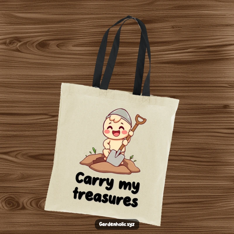 Funny tote bag showing a beaming character diligently digging a perfect hole with a spade, a humorous accessory for tools.